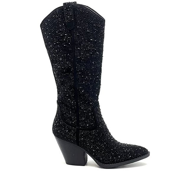 New Black Blingy Rhinestone Knee High Cowboy Boots - Picture 5 of 8